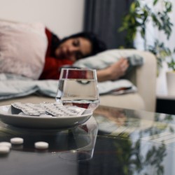 sick young girl medicines from bed